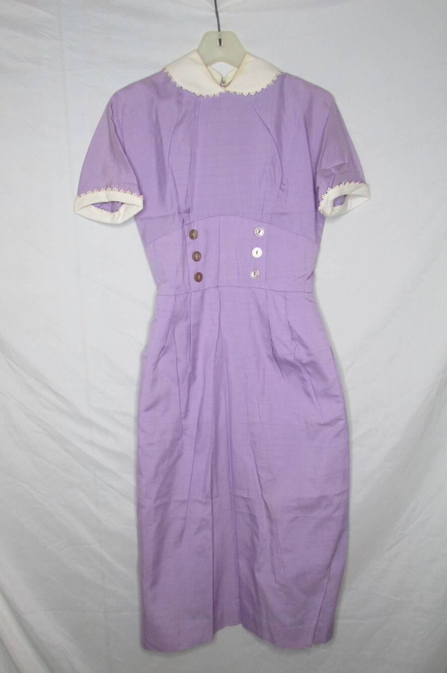 1950s Day Dress Peter Pan Collar Lace Trim Tag Size 11 Juniors Purple